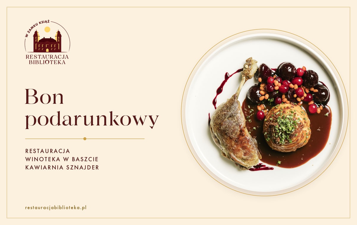 Bon podarunkowy Restauracji Biblioteka ze zdjęciem dania z kaczką