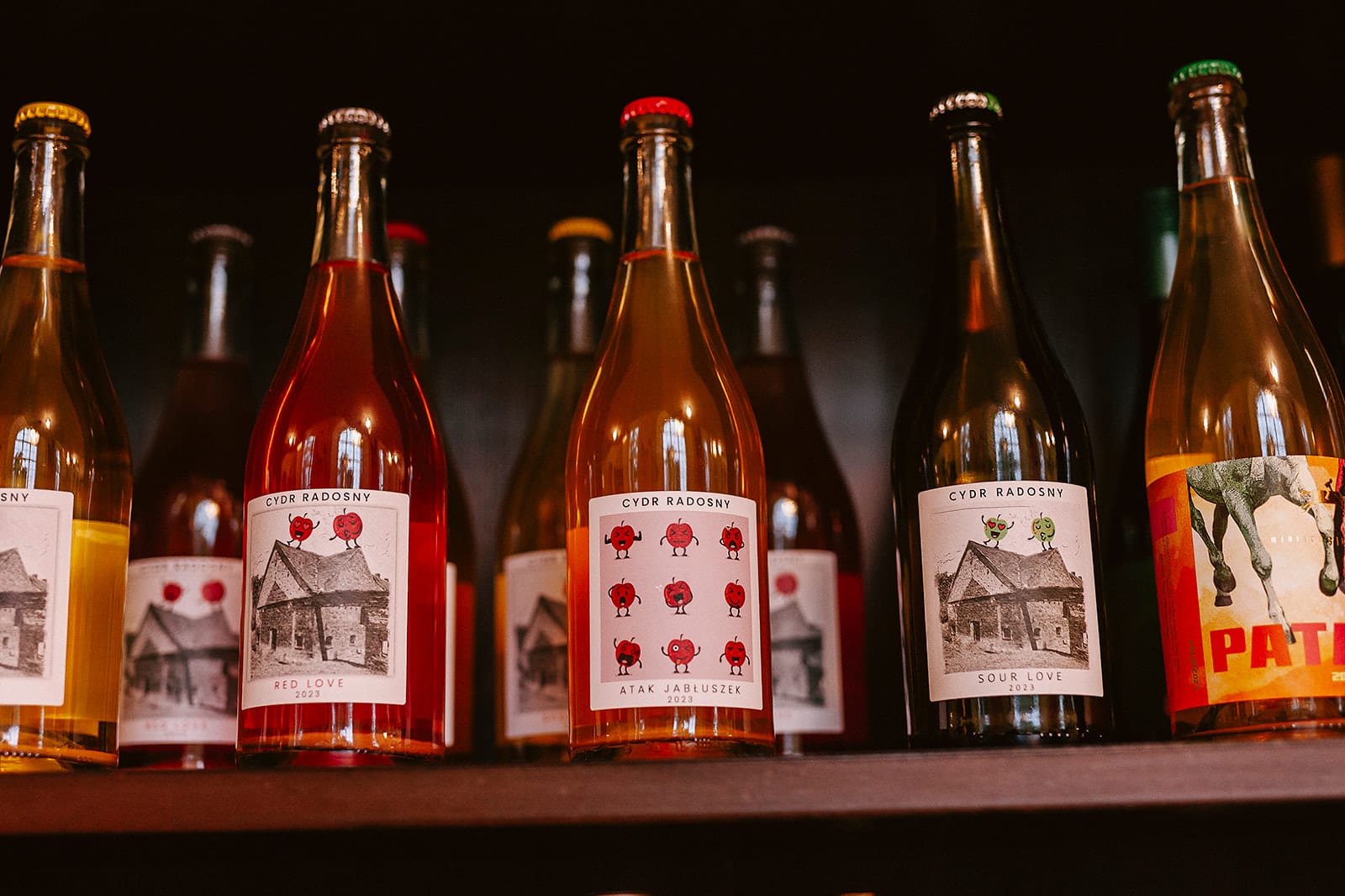 Eine Sammlung von Naturweinen im Regal der Vinothek